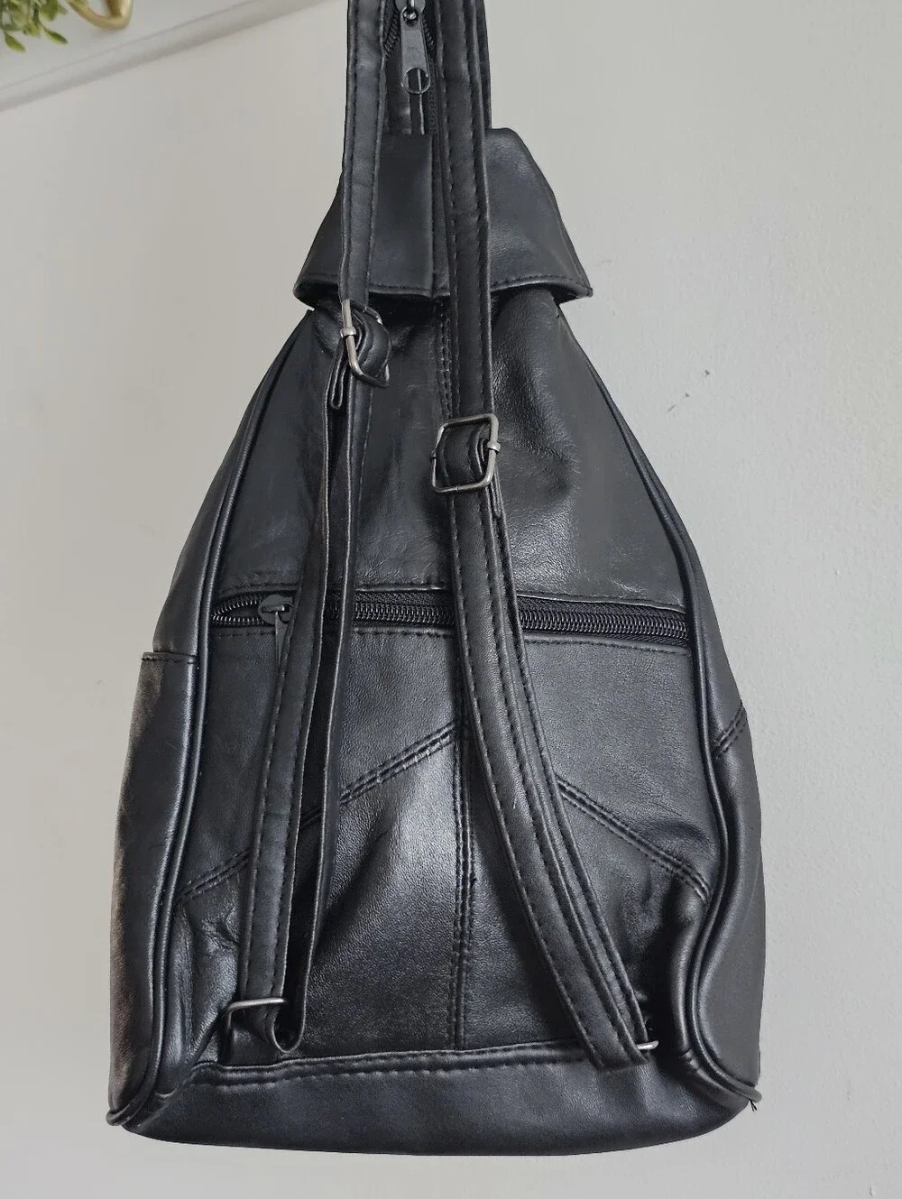 Black Genuine Lambskin Leather Sling Backpack Convertible Shoulder Bag
